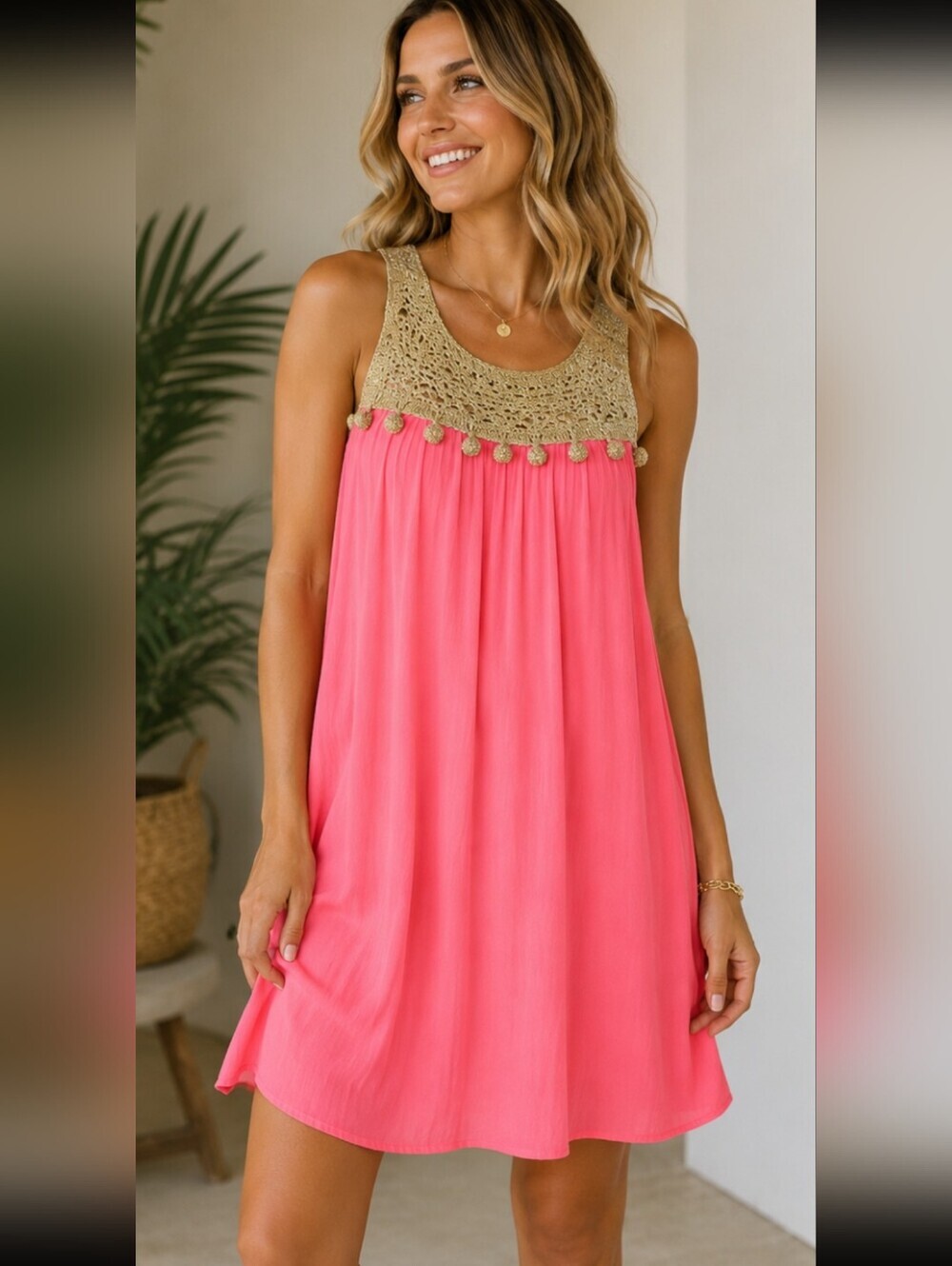 Lilly Pulitzer Rachelle Dress Pink Sun Ray Crochet Neck Tassel XS